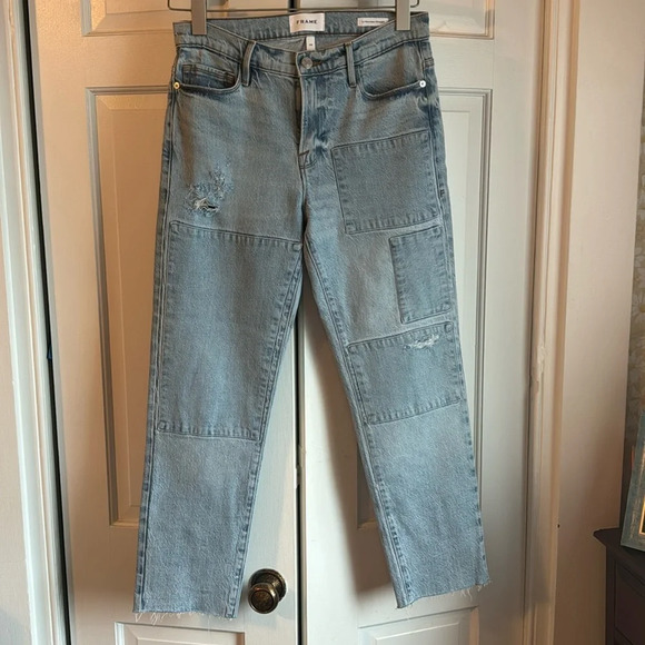 🖼️ Awesome Frame NWOT size 28 partially distressed patchwork Jeans 🖼️ - Picture 1 of 12